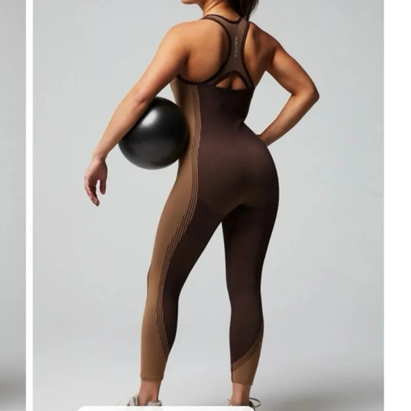 Fabletics Seamless Fusion‎ 7/8 Jumpsuit Cacao Quicksand Cream Froth XXS - Image 3