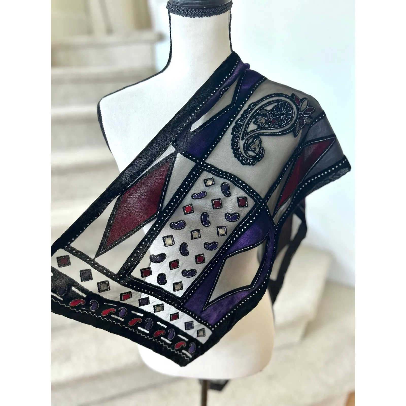 Black Purple Red Velvet Silk Harlequin Stain Glass Paisley Scarf - Image 3