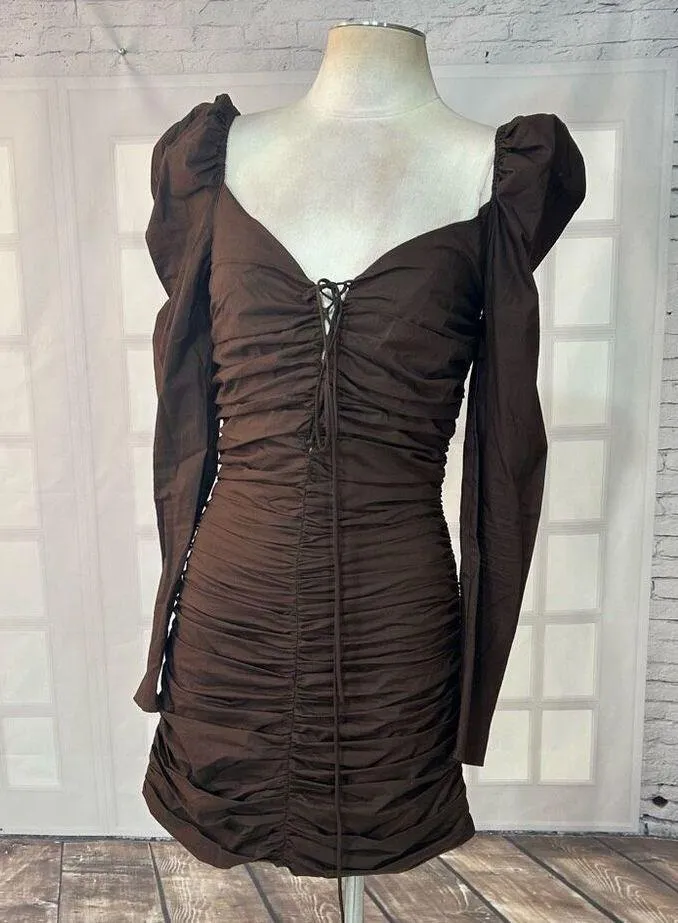 Zara Brown Long Sleeve Puff Sleeve ruched Body con Dress Size S - Image 5
