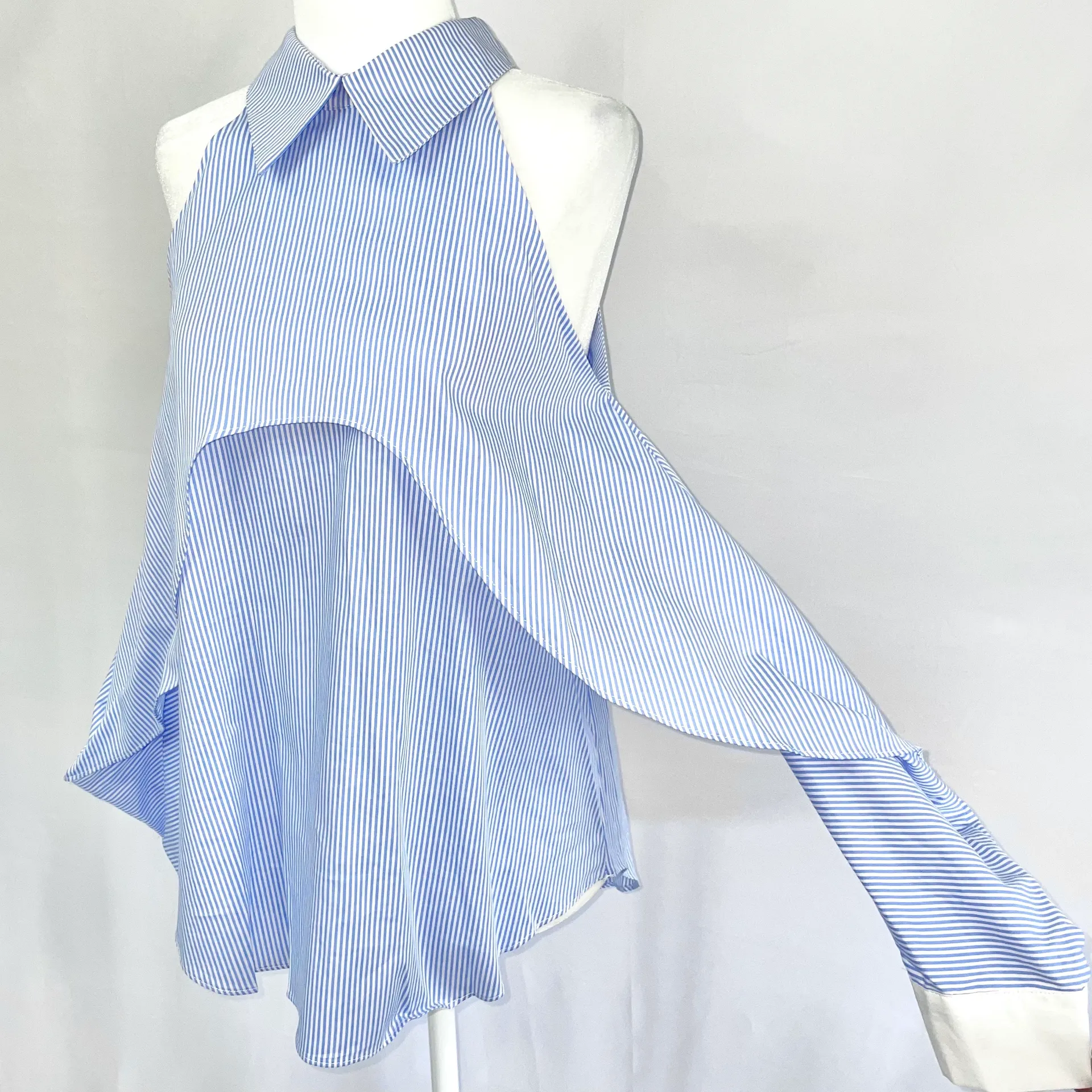 New  Fold Over Cold Shoulder Shirt Blue White Stripe - Image 6