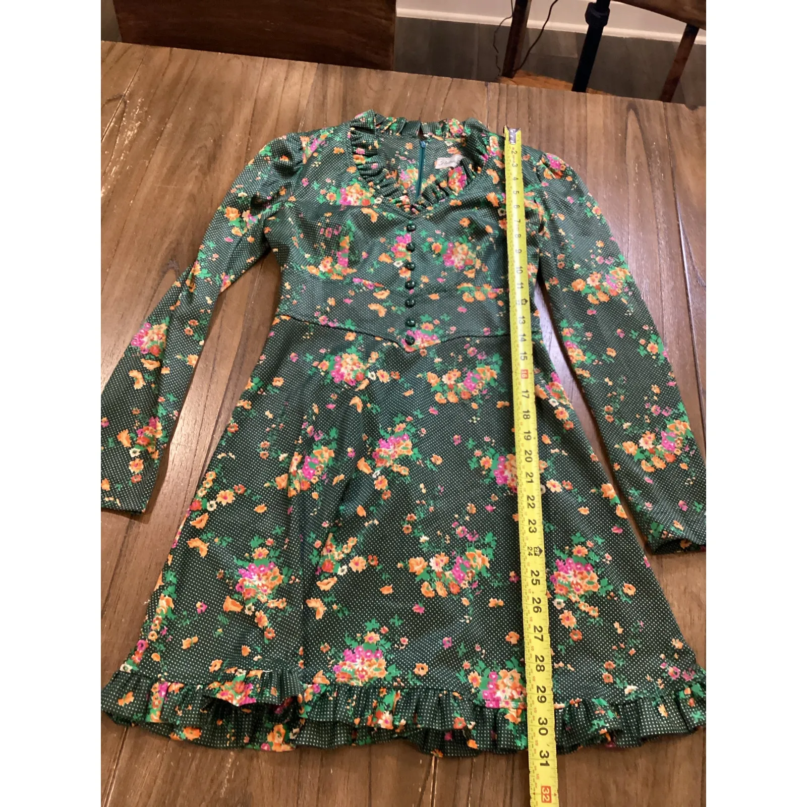 Vintage 60s Patricia Fair Mod Flower Power GoGo 70s flare paneled Mini Dress 7 S Green Size XS - Image 10