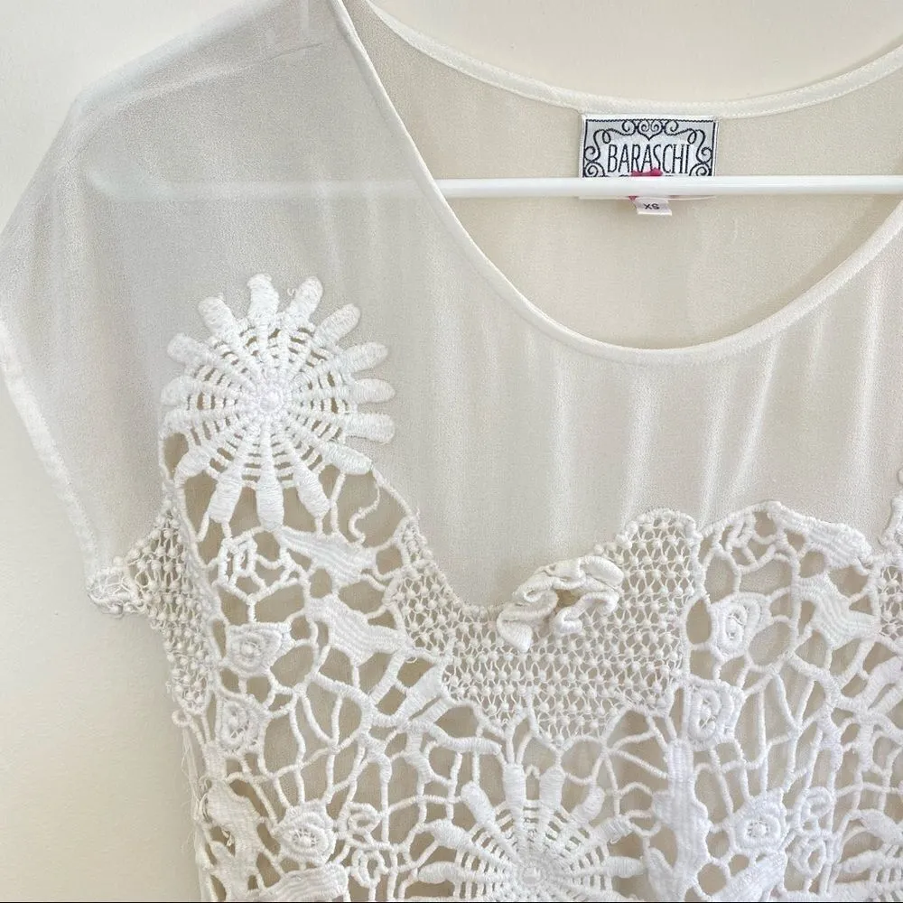 Baraschi see through short sleeve crochet front white floral XS - Image 2