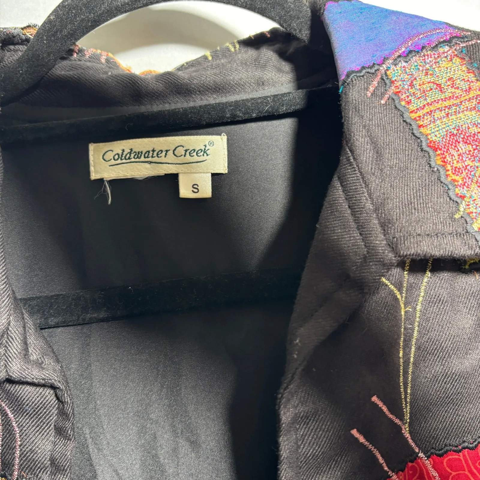 Coldwater Creek Womens Patchwork Jacket Black Embroidered Art to Wear Boho S - Image 3