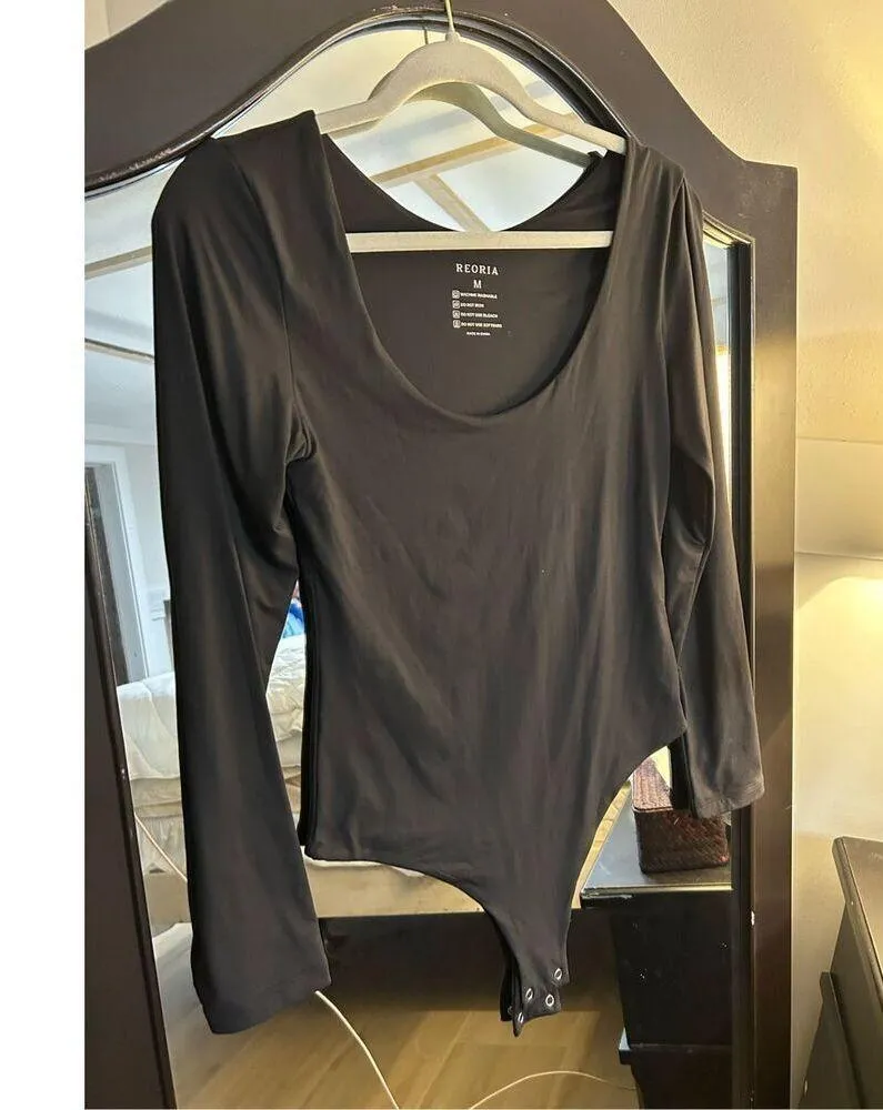 NEW Scoop Neck Long Sleeve Double Lined Stretchy Bodysuits M Black Size M - Image 4