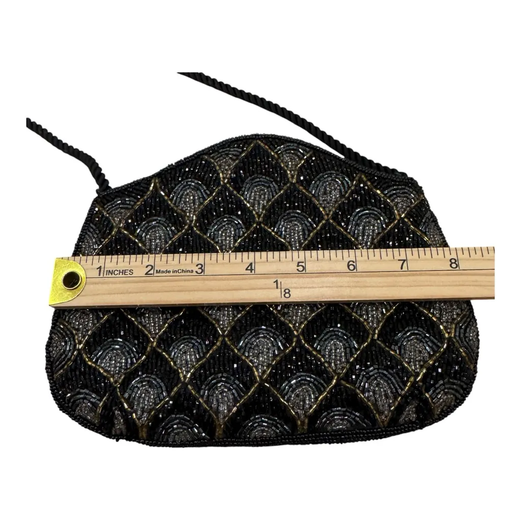 Vintage Black Gold Silver Beaded Evening Bag Art Deco Shoulder Purse Handbag - Image 7