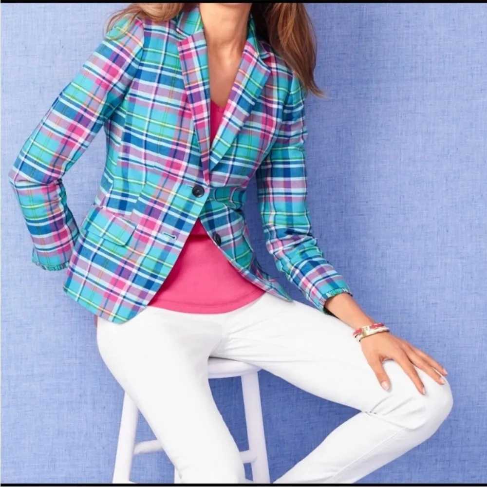 Talbots Madras Double-Button Sunshine Blazer Linen Blend Plaid - Image 3