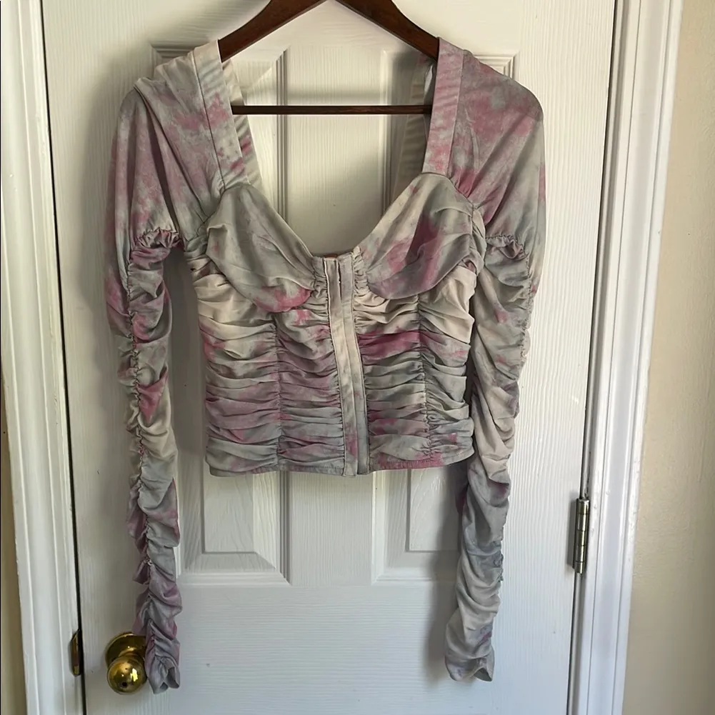 Free People Pink and Blue Tie Dye Streetwear Ruched Mesh Blouse - Image 2