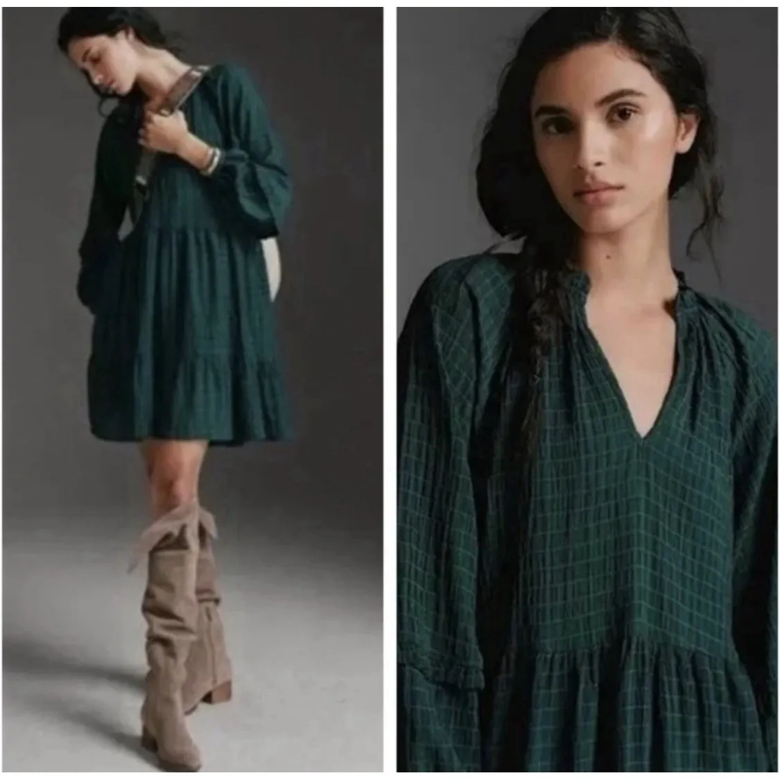Listicle Women's Small Tiered Tunic Long Sleeve V-Neck Dress Green Flowy Boho - Image 2