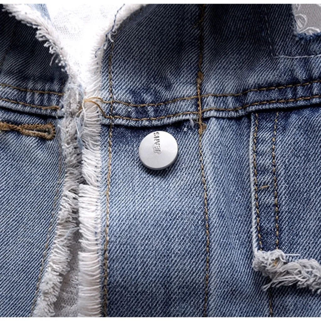 Womens Denim Lace Inset Raw Edge Boho Beautiful Jacket sz medium Blue - Image 9