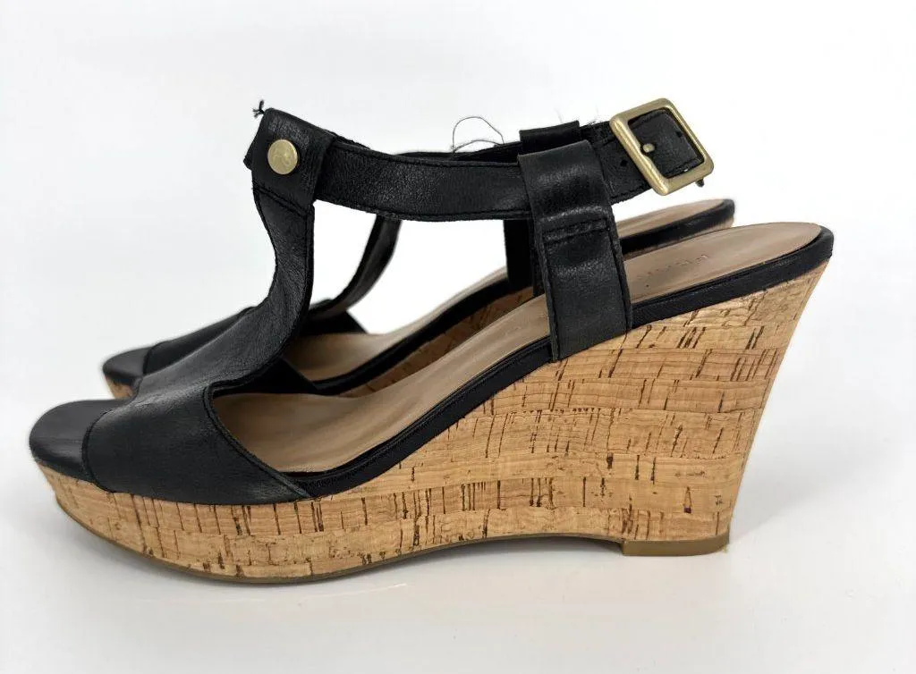 Franco Sarto Corridor Leather T-Strap Cork Wedge Sandals Black Size 7.5 - Image 5