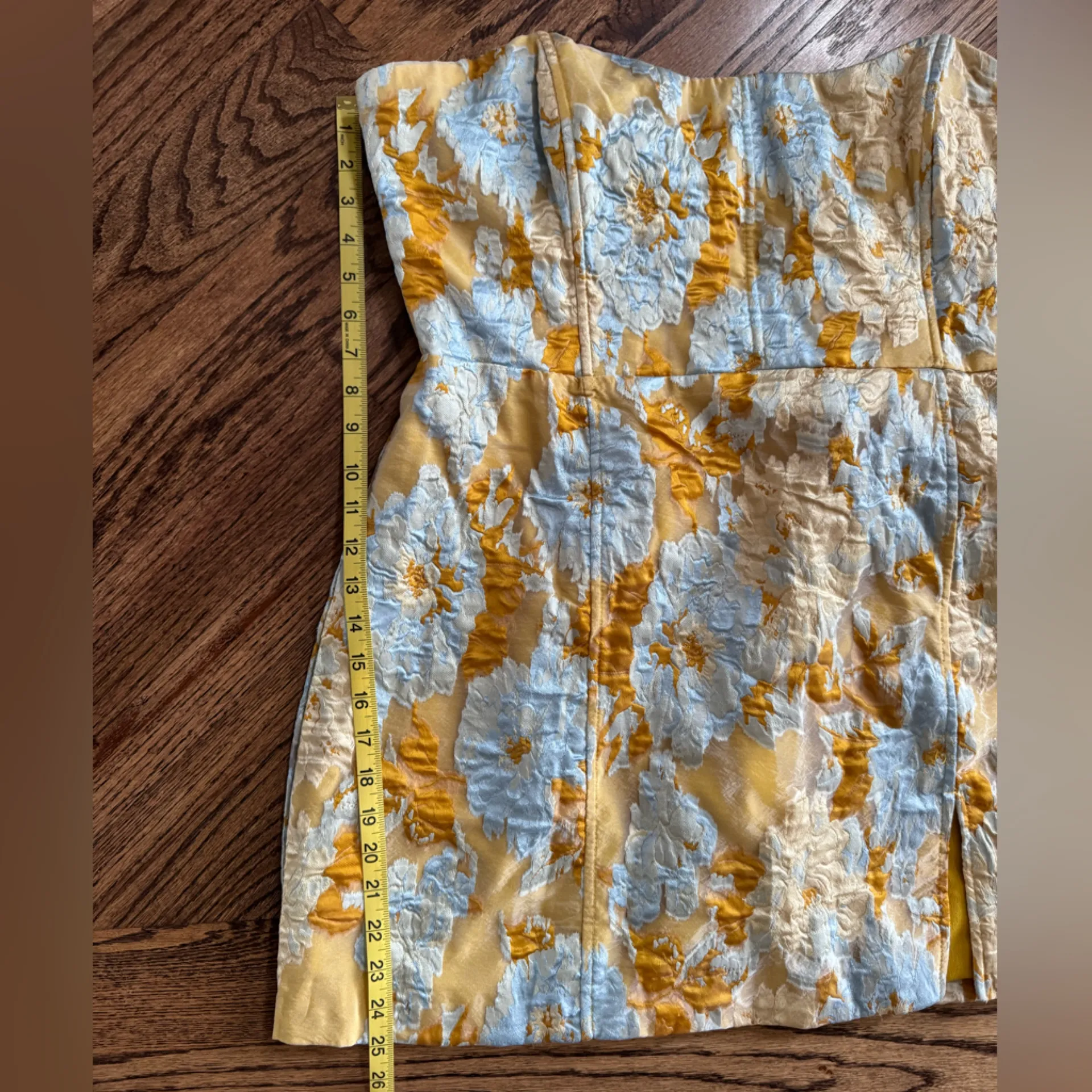 Showpo Strapless Corset Mini dress 16
Blue Gold Floral Metallic Brocade jacquard - Image 2