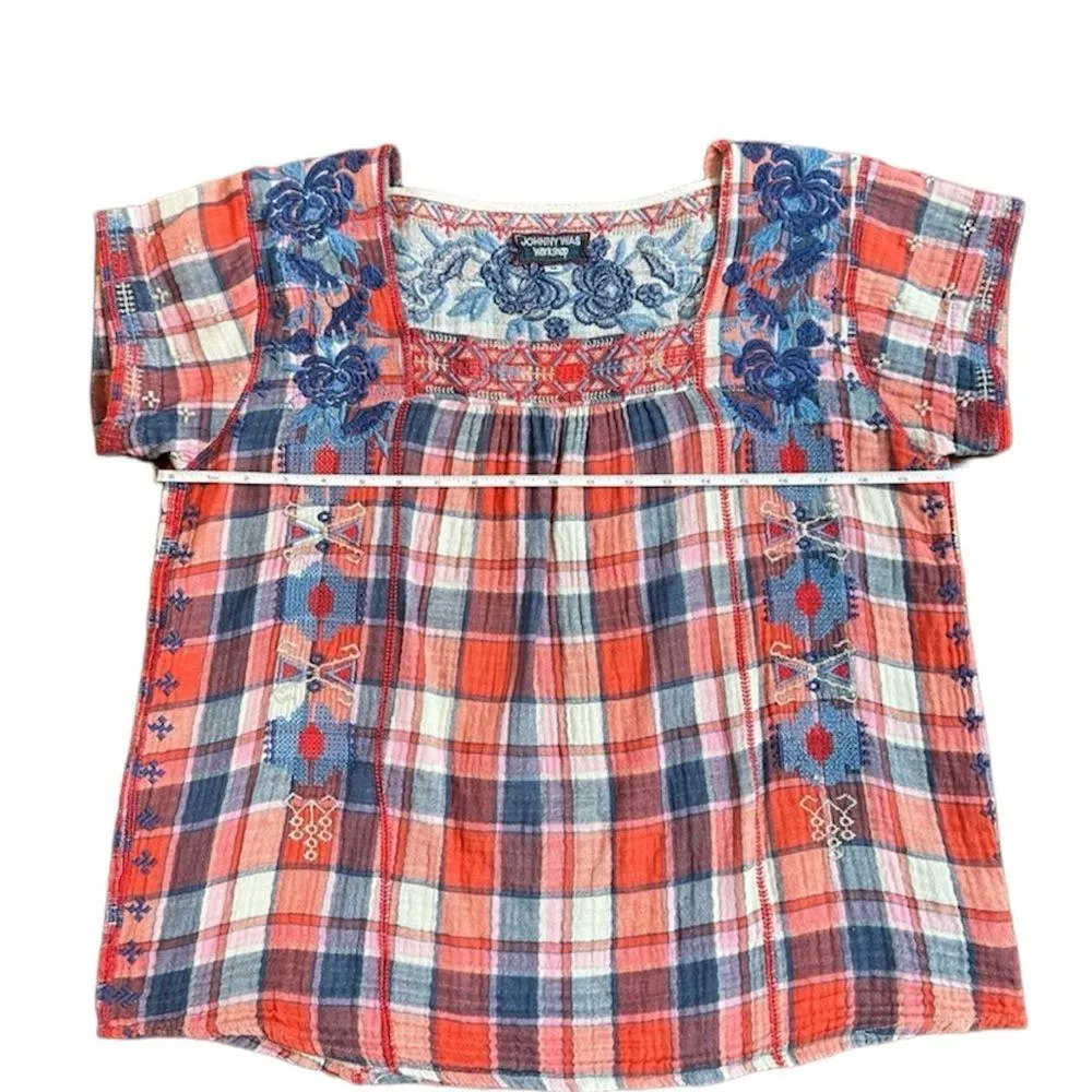 Johnny Was Workshop Zelda Mexican Plaid Embroidered Short Sleeve Red/Blue/White - Image 7