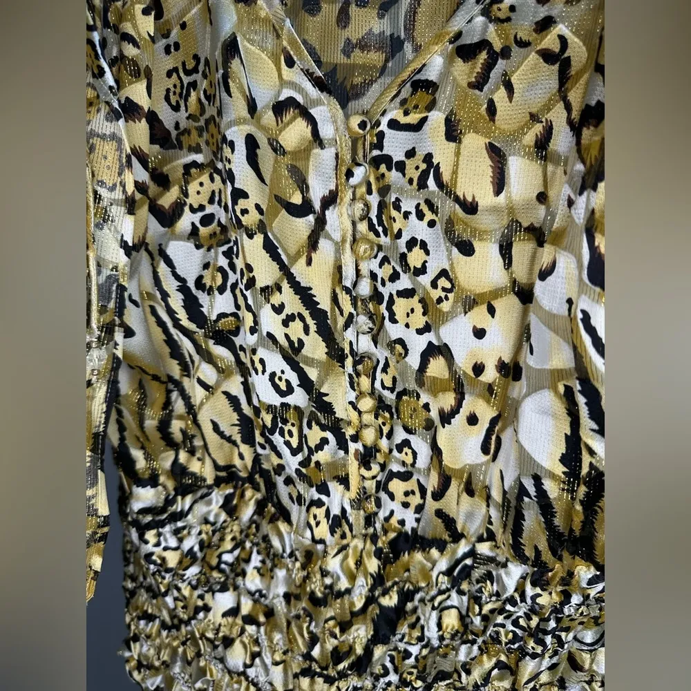 Vintage 1980s Cachè Gold Cheetah Print Silk Dolman Blouse Cinched Waist Women S - Image 9