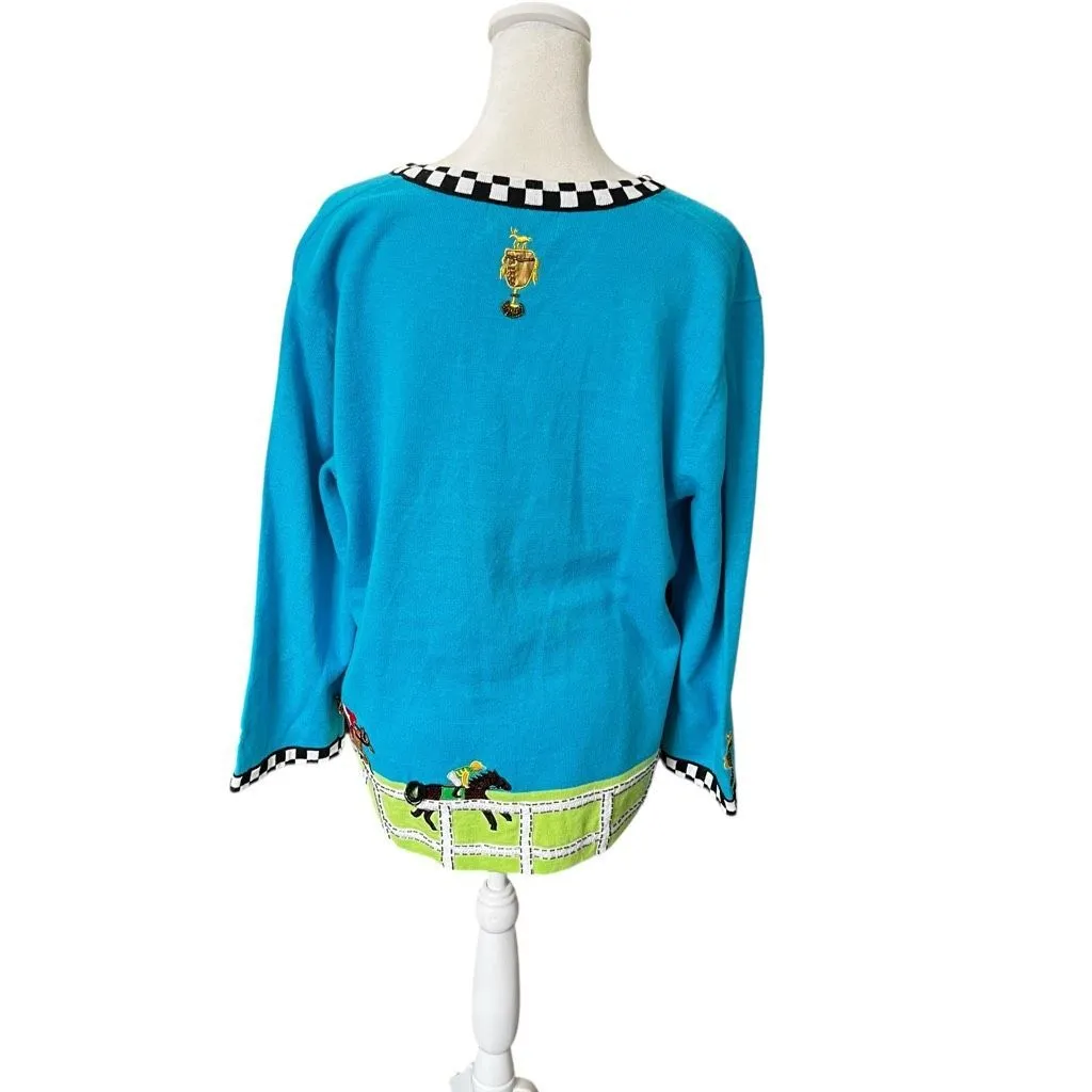 Vintage Berek Horse Racing Equestrian Cardigan Sweater XL Jockey Novelty Blue - Image 5