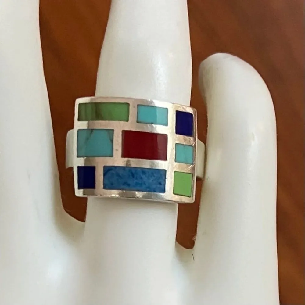VINTAGE Sterling Silver Inlaid Mosaic Ring Sz 7•1/4 - Image 2