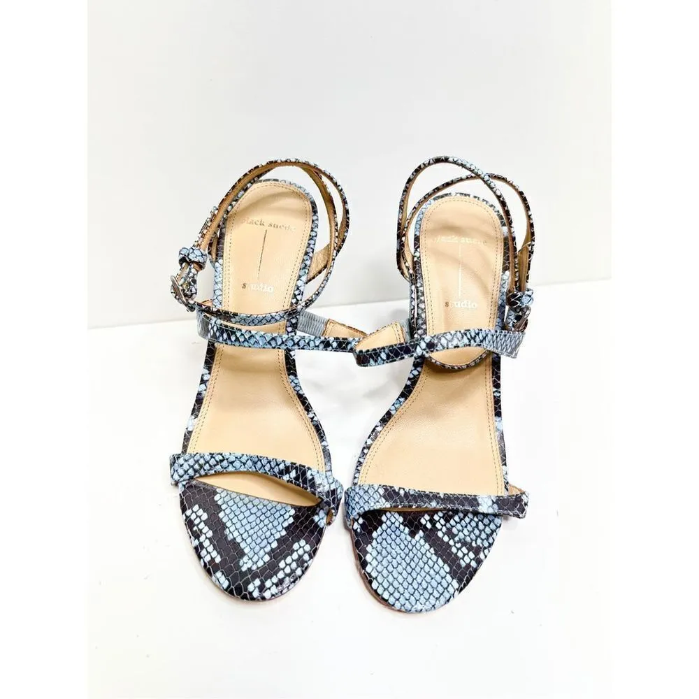 Black Suede Studio Sandals Womens Size 7 Blue Black Leather Gwen Snake Print - Image 4
