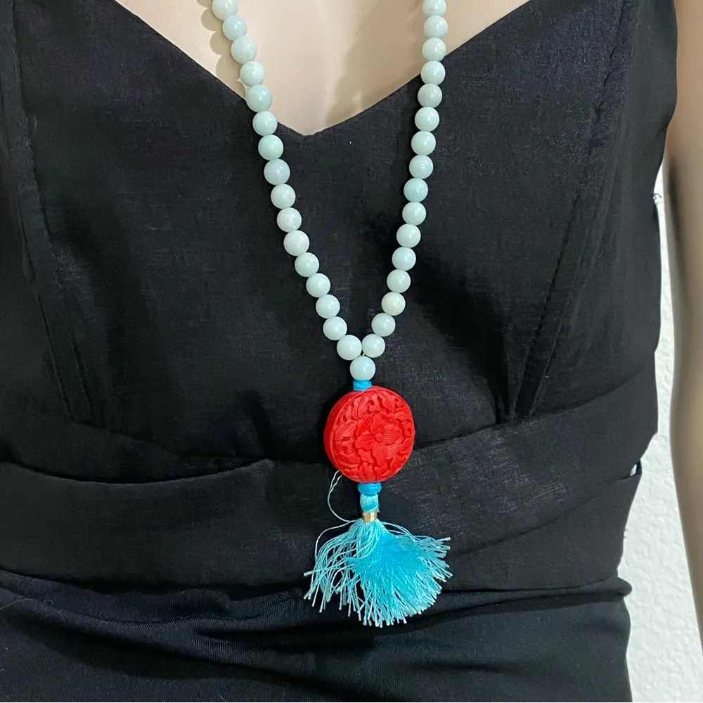 Flower Carved Cinnabar Beaded 32” Mala Necklace - Image 3