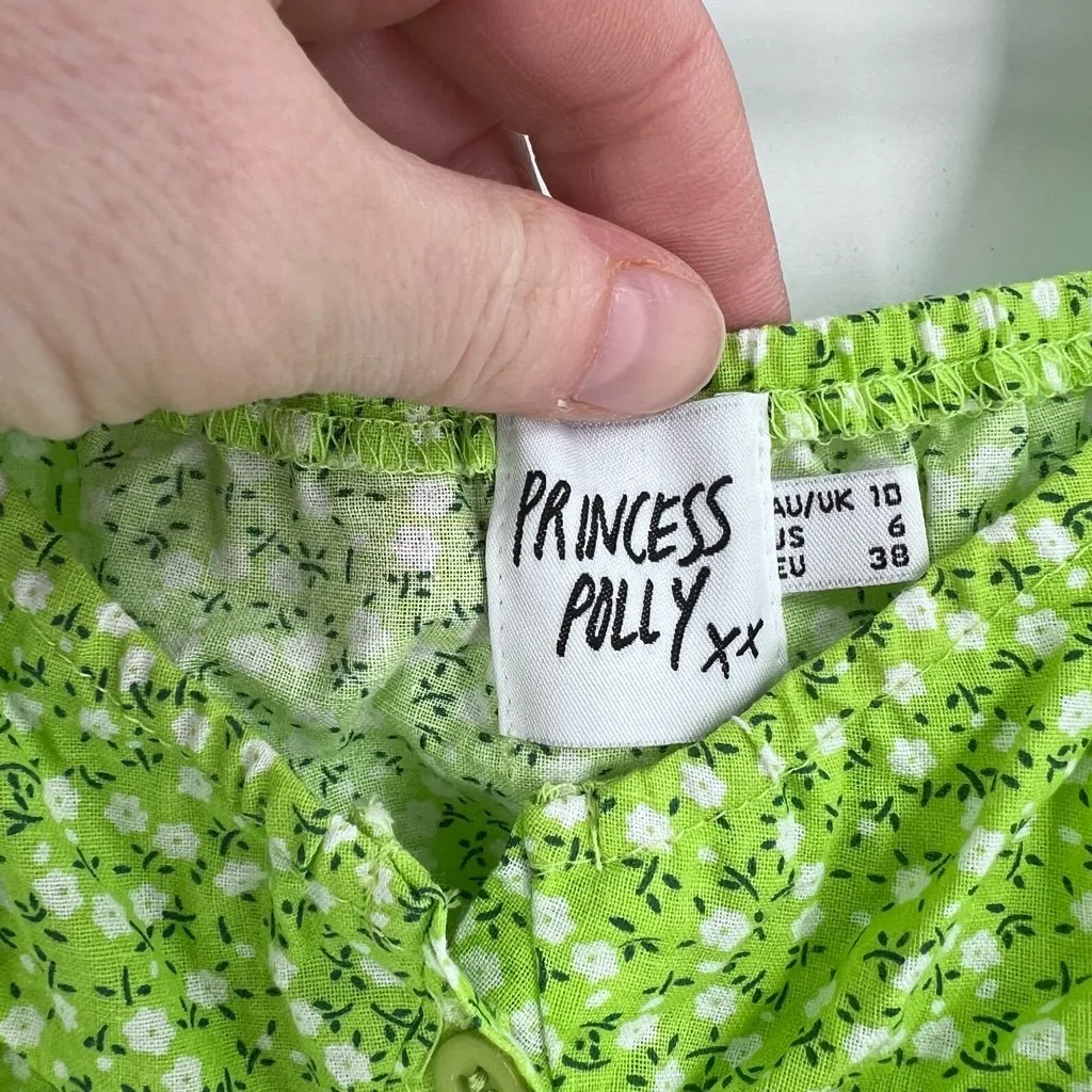 Princess of Polly Women's Crop Top Floral Peasant Button Down Stretch Green Size - Image 4