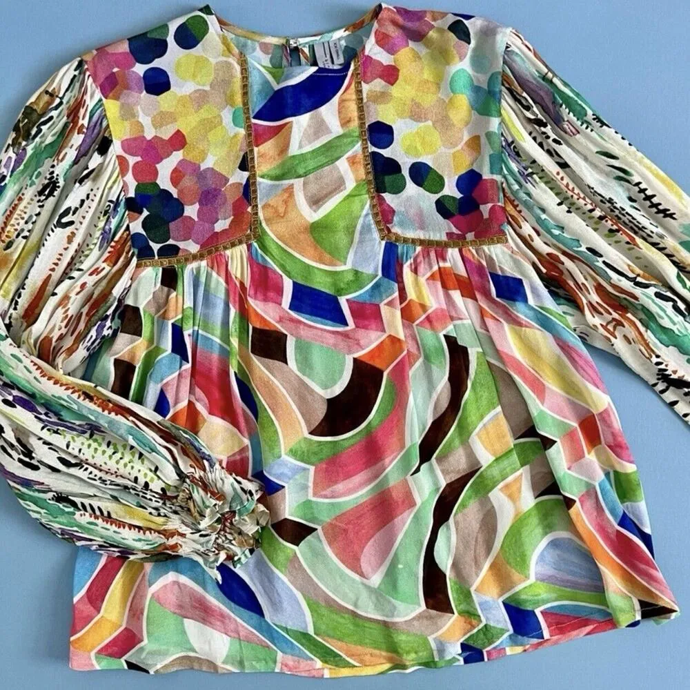 Anthropologie Bl-nk Miranda Green Watercolor Peasant Long Sleeve Blouse - Image 6