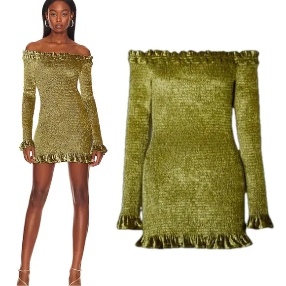 NWT Caroline Constas Megara Off the Shoulder Shirred Stretch Velvet Mini Dress Green - Image 2