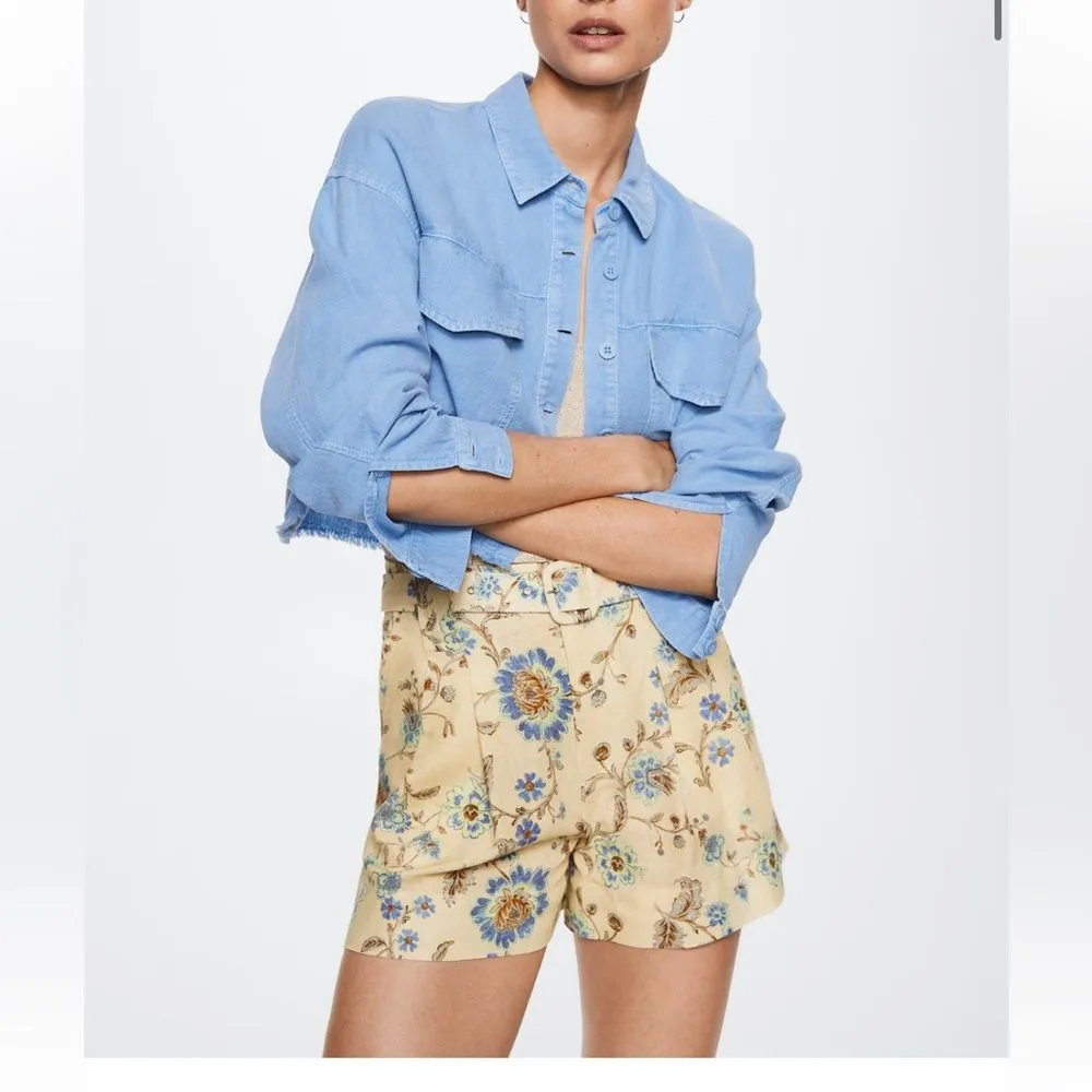 Mango‎ Linen Blend Belted Floral Shorts Size 6 - Image 3