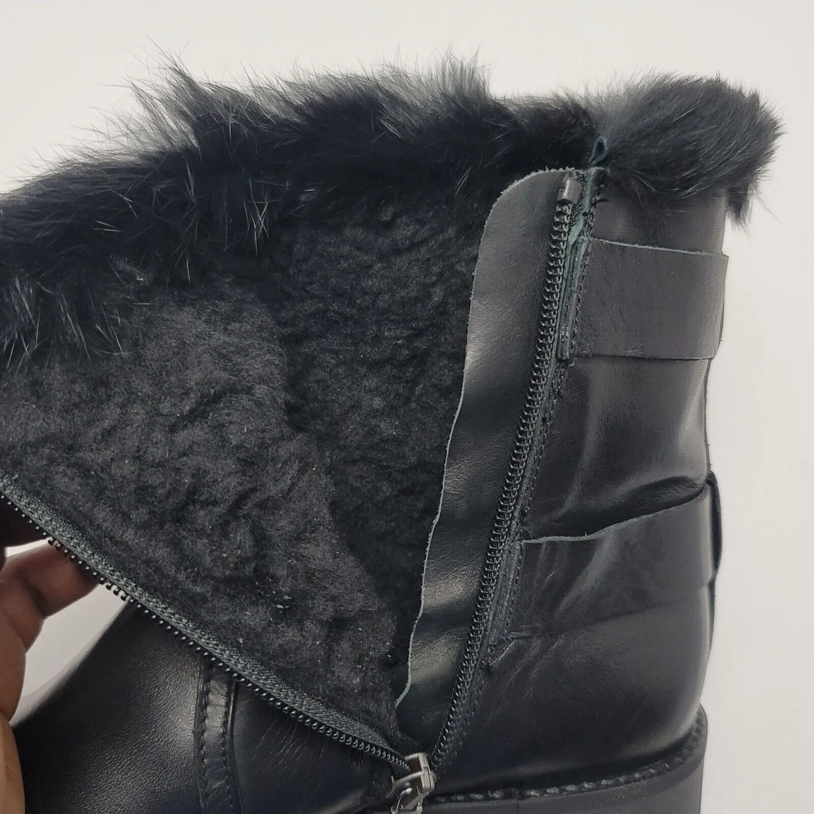 Charles David Reno Black Leather Faux Fur Buckle Side Zip Mid Ankle Boots Sz 38 - Image 4