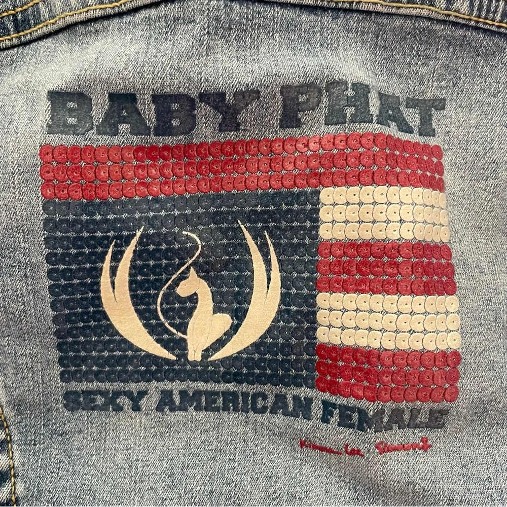 90s Vintage Baby Phat “Sexy American Female” Flag Embellished Denim Jacket XL - Image 8