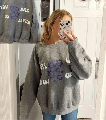 You Are So Loved Purple Flower Grey Trendy Crewneck Sweatshirt Size XL - Image 2