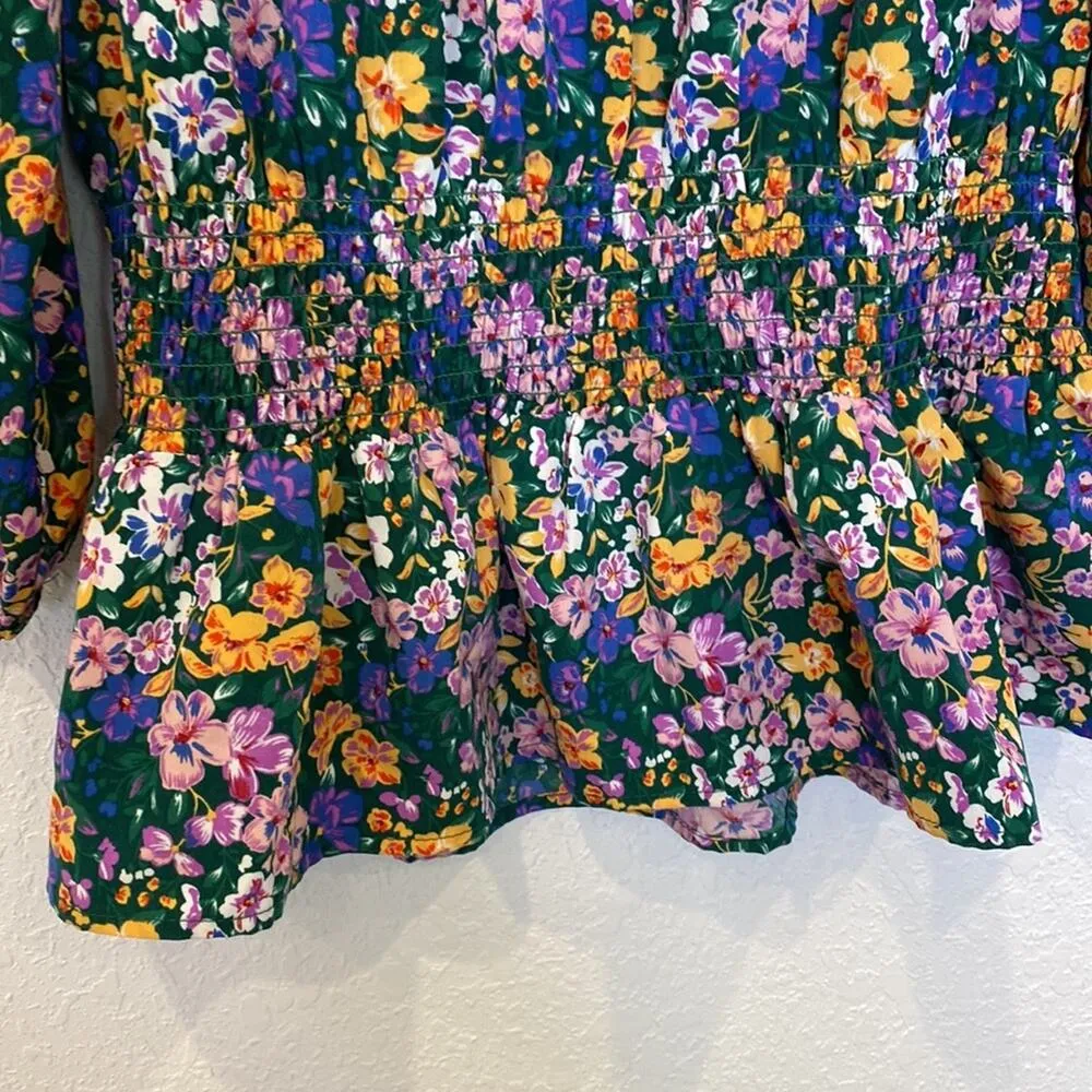 Pleione x Anthropologie Floral Smocked Peplum Blouse EUC Sz Sm Puff Sleeve - Image 3