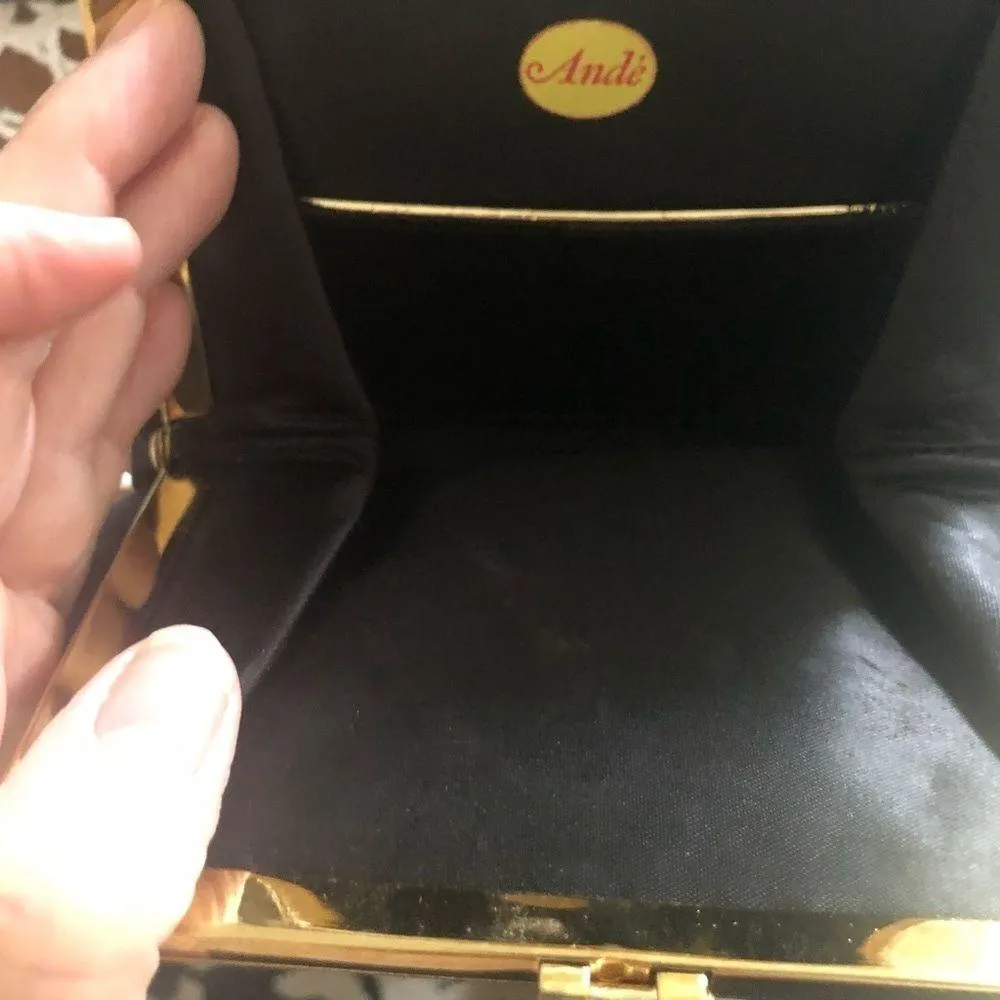 VTG Black Satin Evening Clutch Bag With Gold Chain Handle 6X6 Cocktail Hour - Image 6