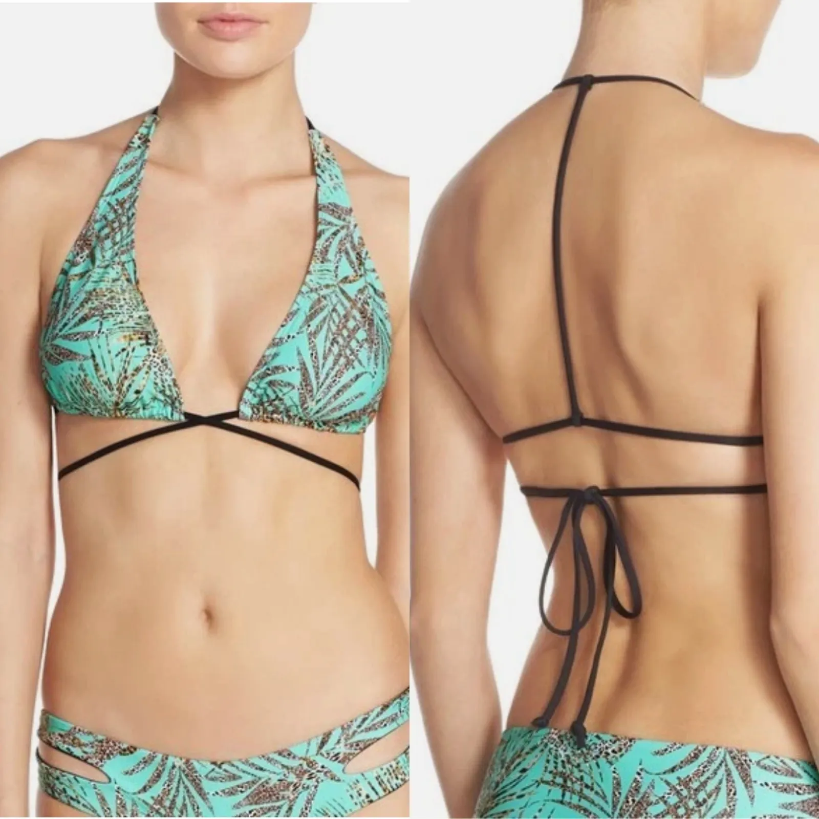 L Space‎ Lexie Wrap Bikini Top Pools & Palms Print Blue Green Size Large - Image 2
