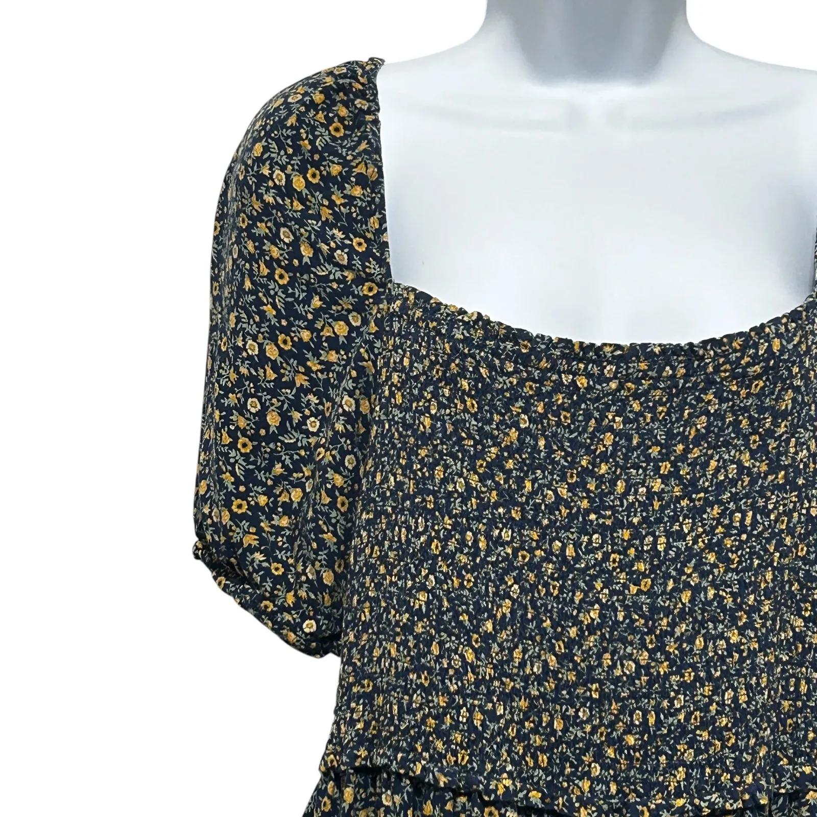 Time And Tru Womens Dress L Navy Yellow Floral Puff Sleeve Smocked Midi Boho‎ Size L - Image 5