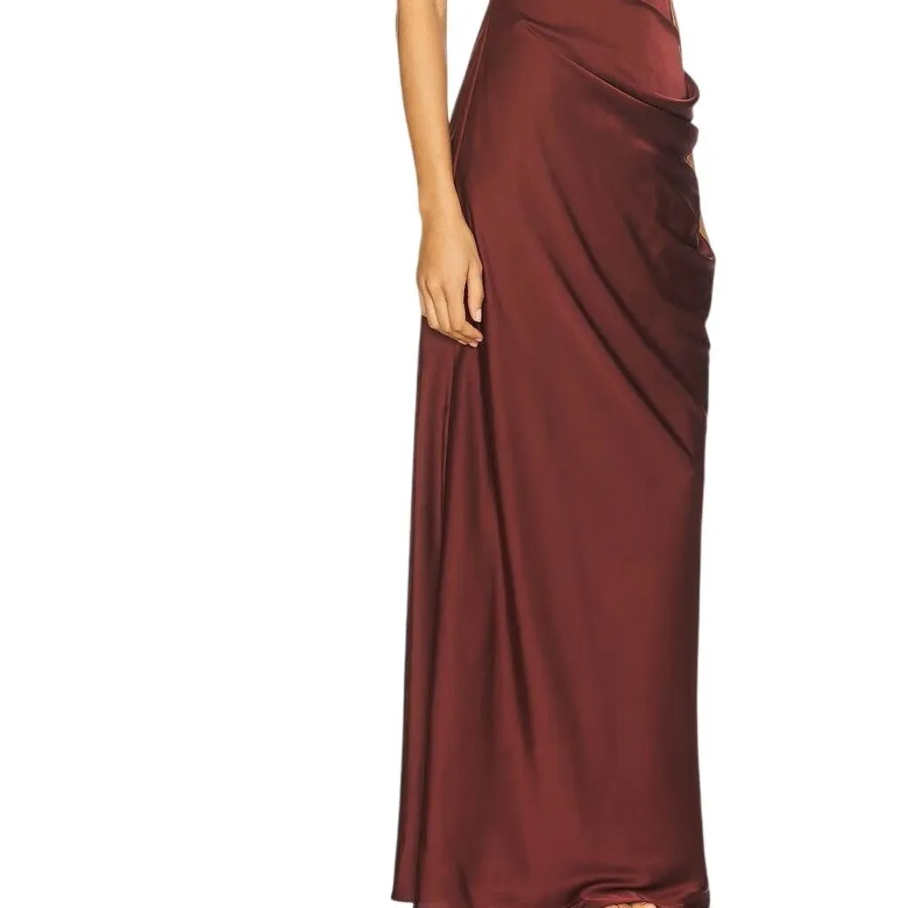 Ceren Ocak Satin Dress in Burgundy Small New Womens Long Maxi Gown Brown - Image 10