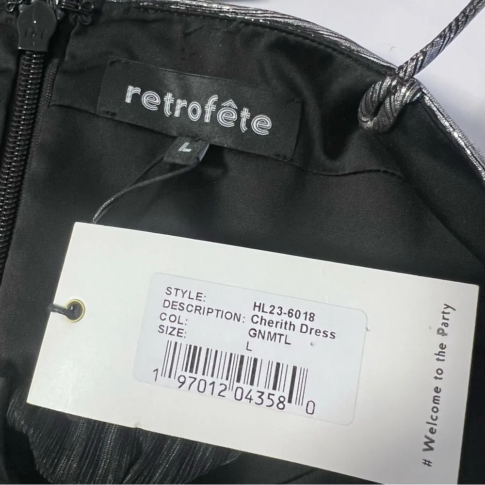 NEW Retrofete Cherith Pleated Dress Silver Gunmetal Sz L Size L - Image 7