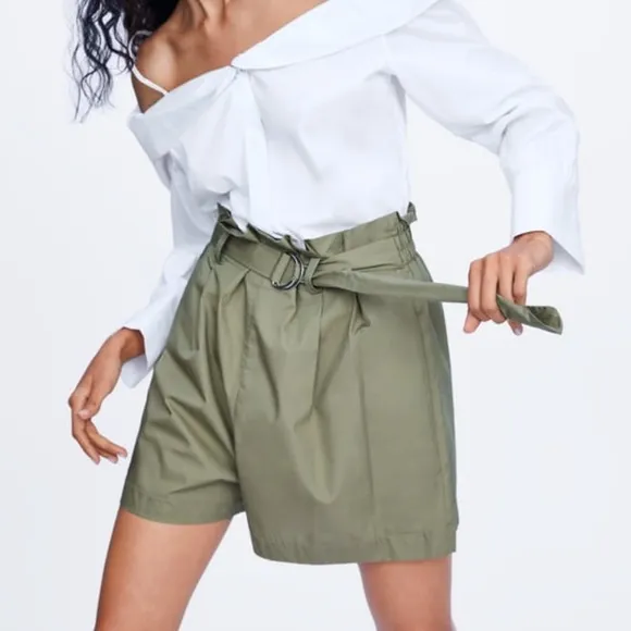Zara poplin belted paperbag waist khaki shorts size xs - Image 6