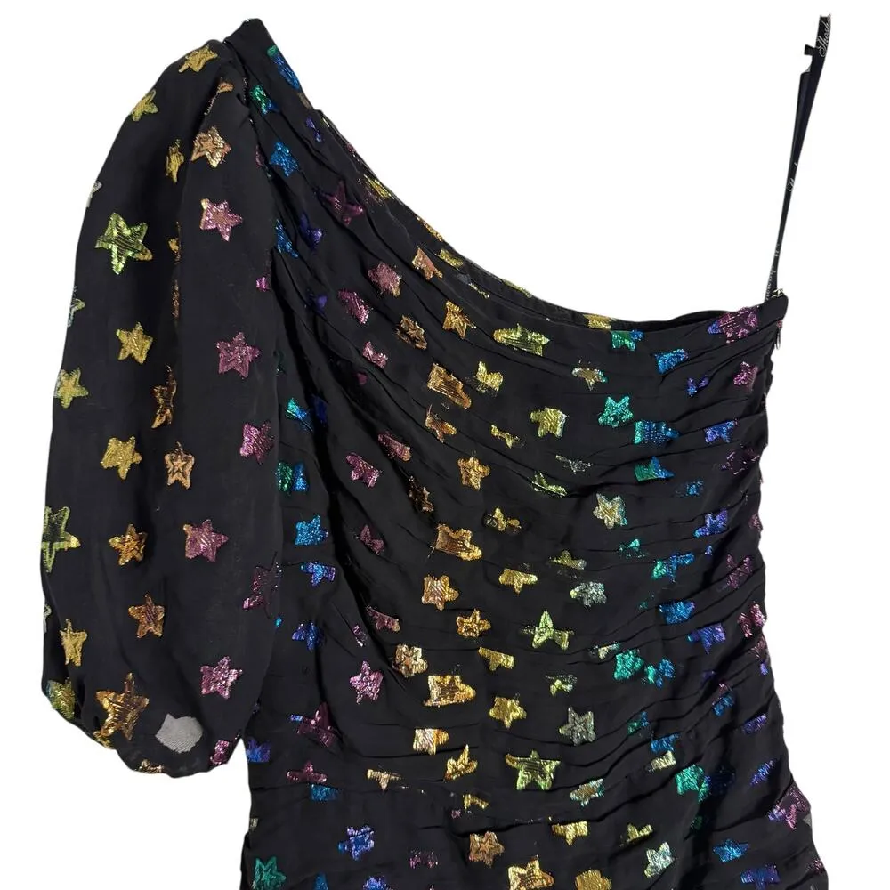 Shoshanna Ronnie Starry Night Black Rainbow Metallic Star One Shoulder Dress  6 - Image 7