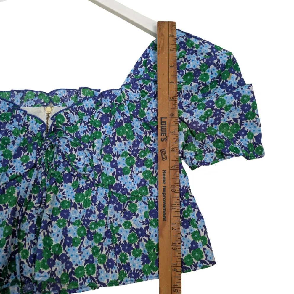 ZARA Floral Ruffle Crop Top Small Blue Green Puff Sleeve - Image 9