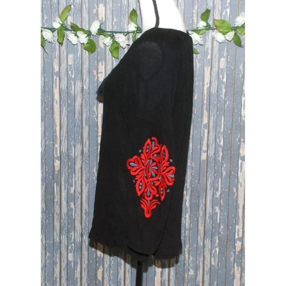 Weekend Suzanne Betro Ladies Tunic Top Blouse Size L Black Red Embroidered - Image 5