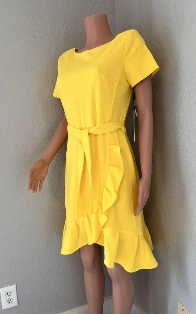 Calvin Klein Size 8 Short Sleeve Belted Ruffle Hem Wrap Mid Length Dress NEW - Image 7