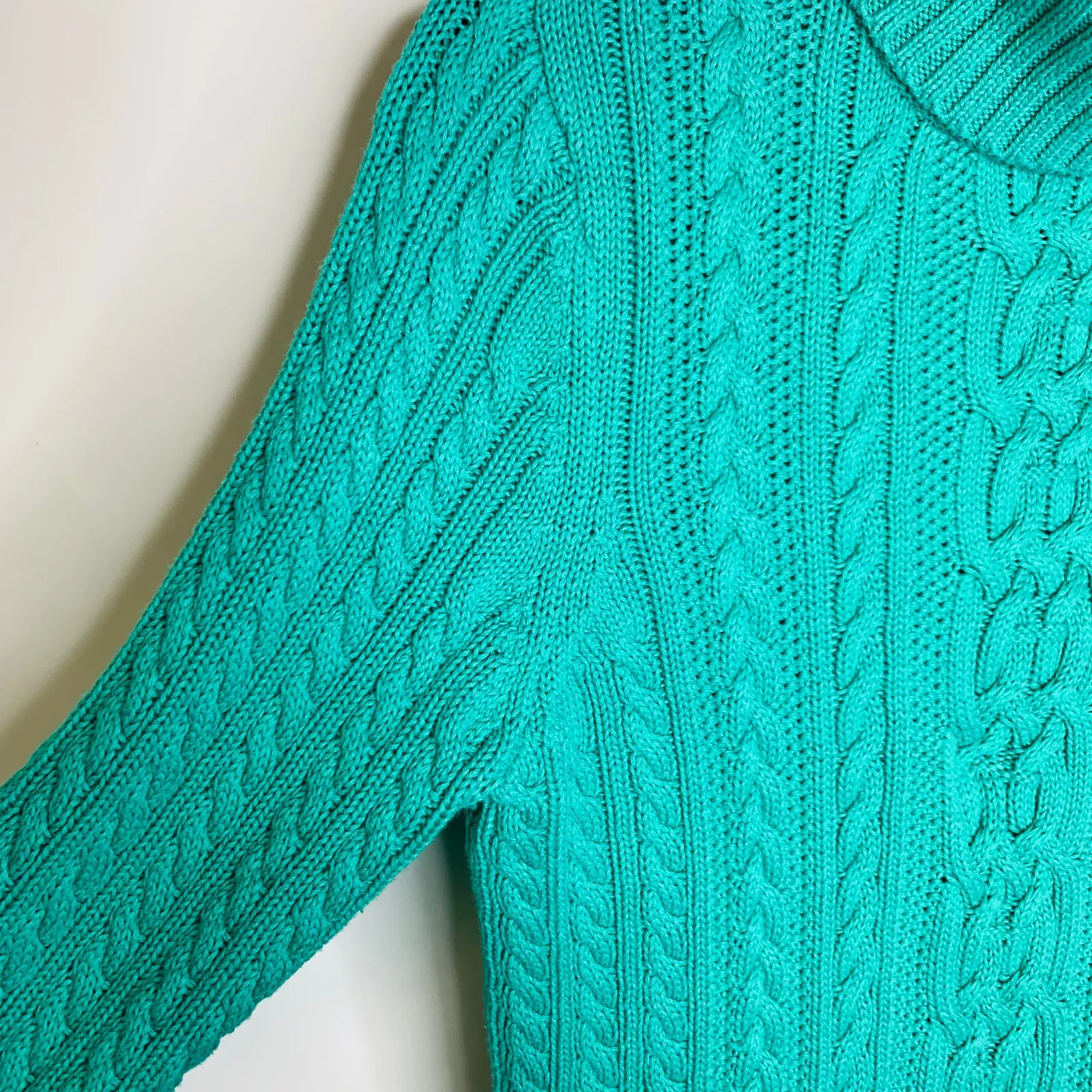 Vintage Bright Green Cable Knit Turtleneck Cotton Sweater Sz Medium Indie - Image 7