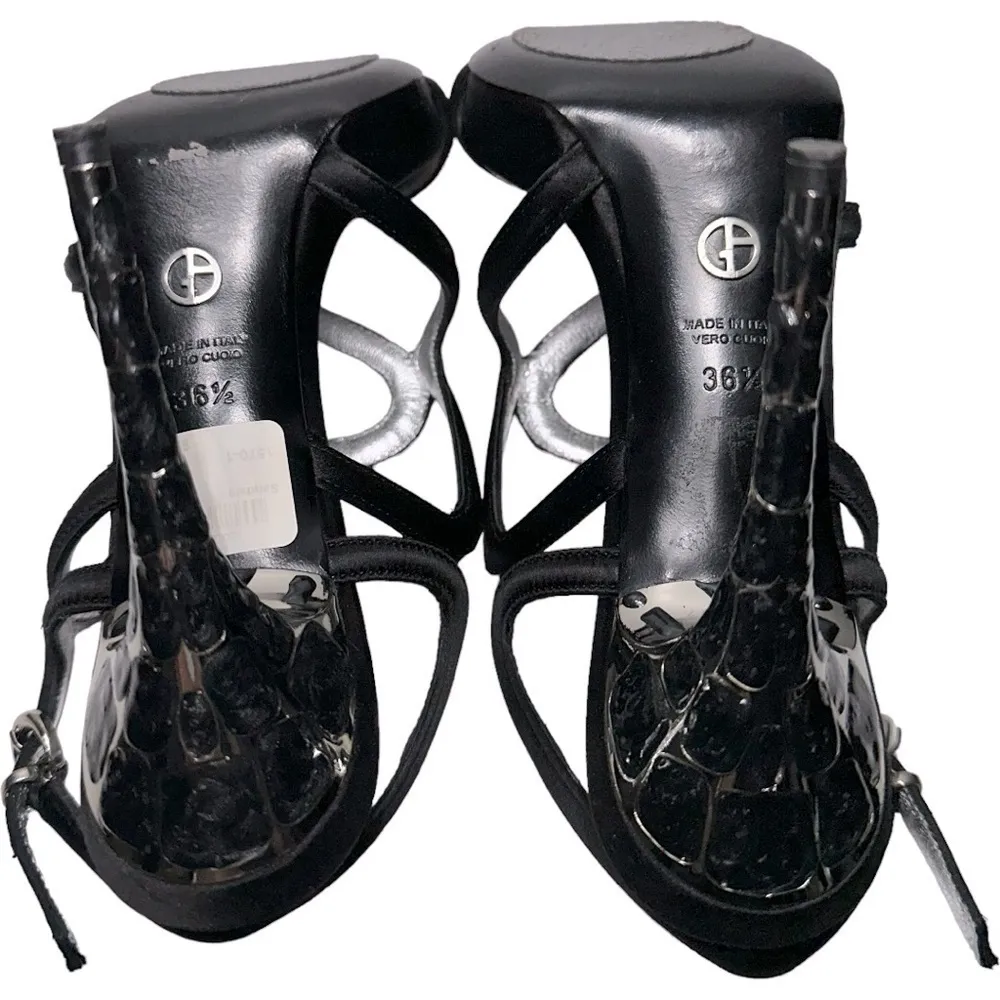 Giorgio Armani Women’s Size 6 Black Satin Strappy Open Toe Silver Jeweled Heels - Image 9