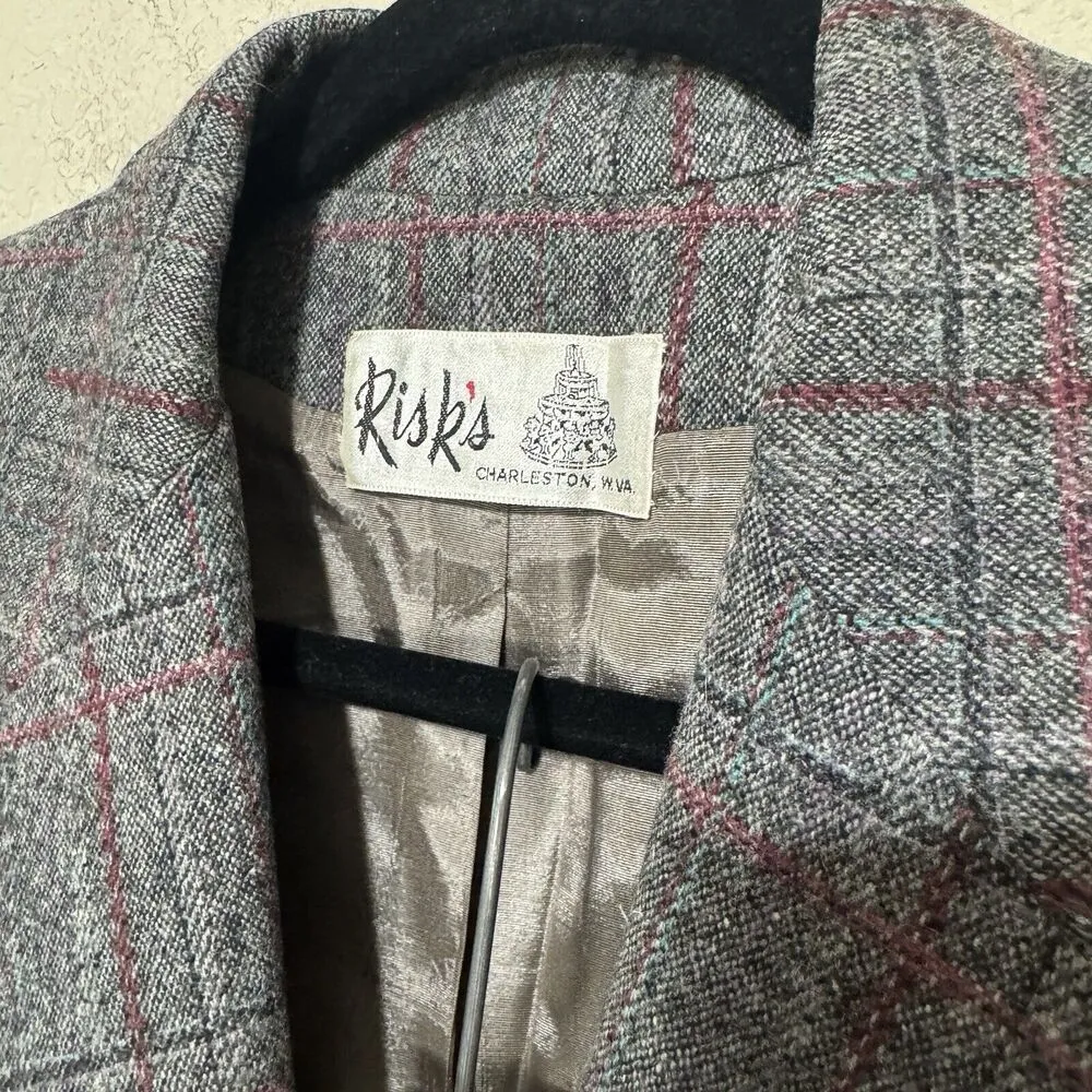 VINTAGE Wool Suit Gray Plaid Adolfo Esprit Jacket skirt career 80s womens Small - Image 3