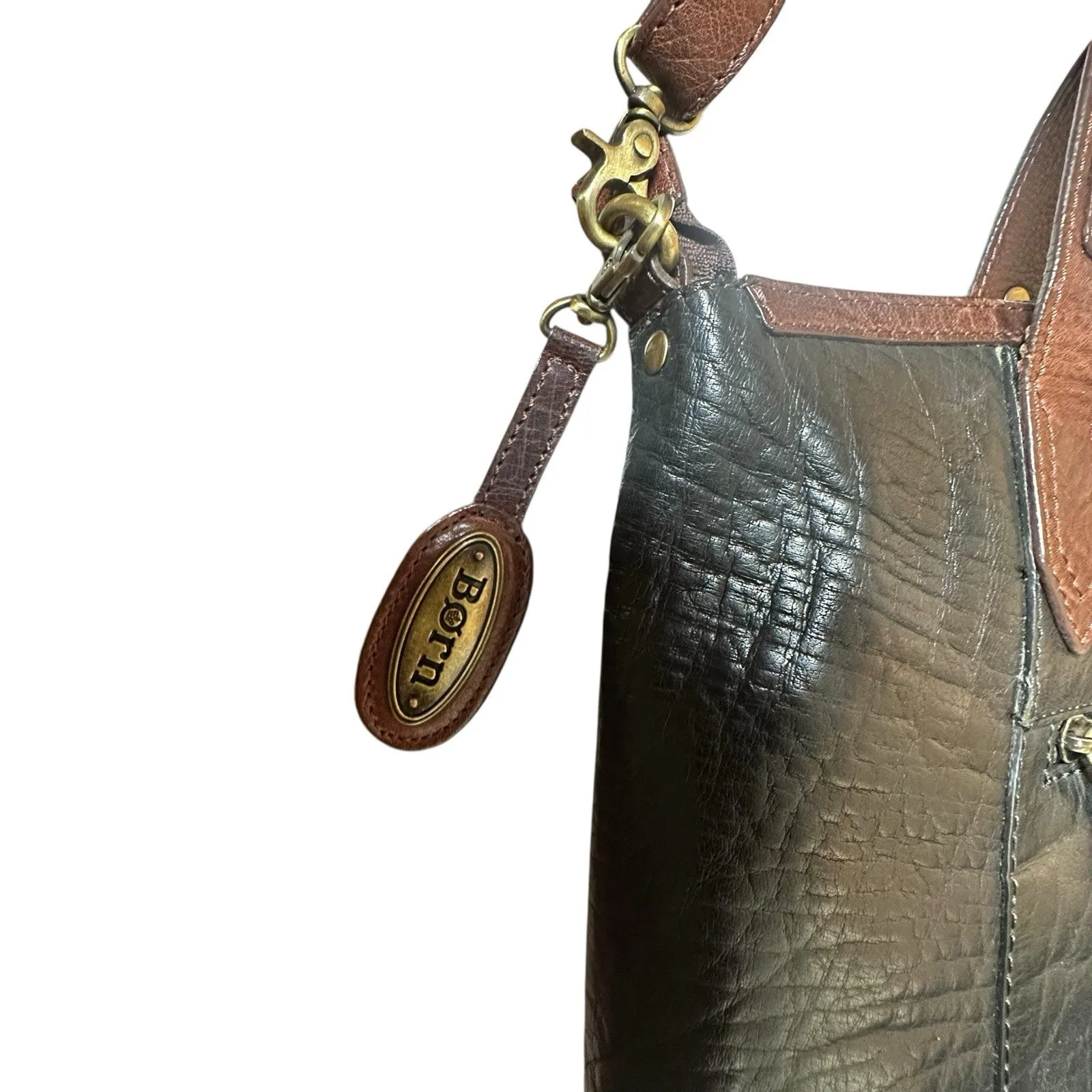 BORN Black Leather Brown Trim Satchel Handbag Purse Double & Long Handle Large - Image 8