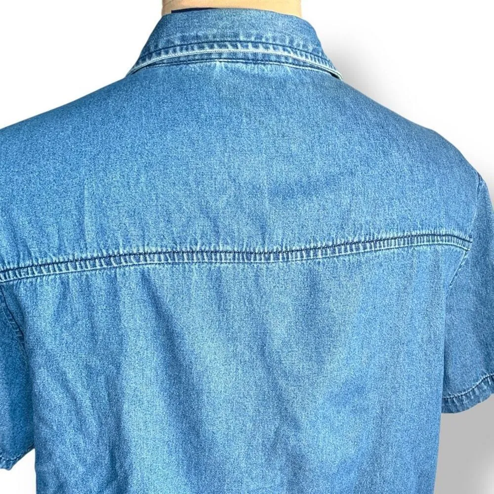 Vintage 90s Embroidered Chambray Denim Short Sleeve Button Up Top Plaid Picnic Blue Size M - Image 4