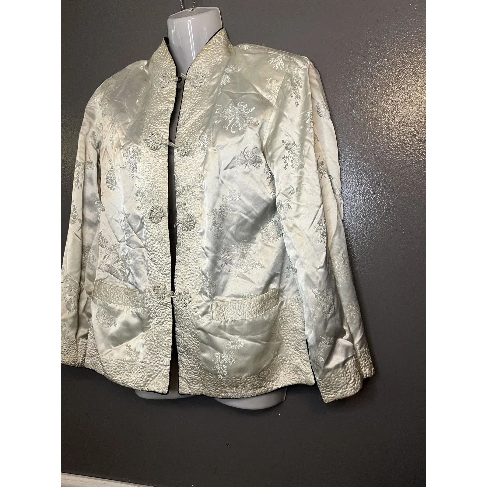 Reversible Satin Brocade Jacket Womens Small Black Ivory Mandarin Collar Frog - Image 9