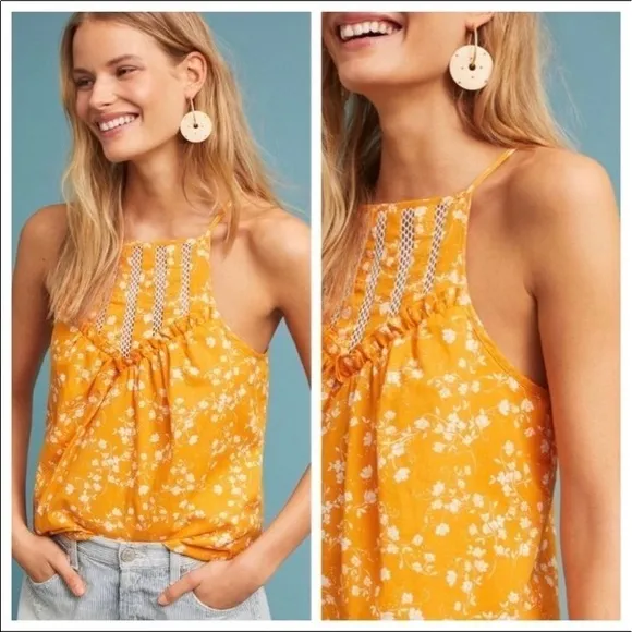 Anthropologie Maeve Martell yellow floral ruffle halter top size M - Image 2