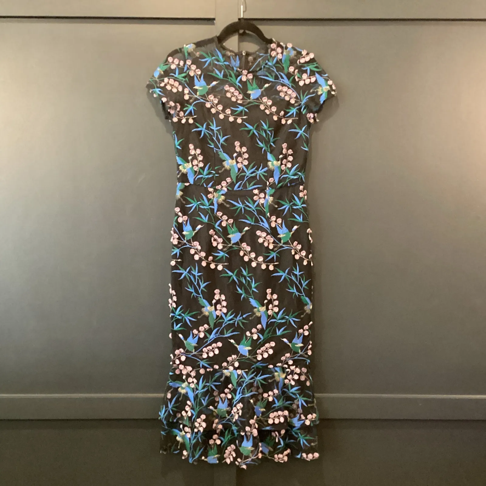 Anthropologie blue black bird embroidered shortsleeve VONE Rylee midi Dress 8 - Image 2