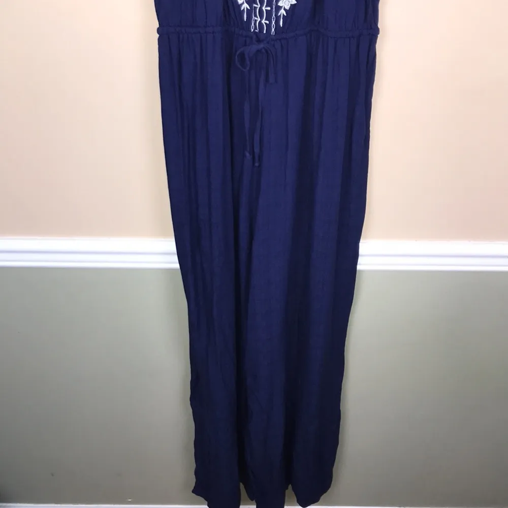 Knox Rose Women’s Floral Embroidered Drawstring Wide Leg Navy Blue Tank Jumpsuit - Image 3