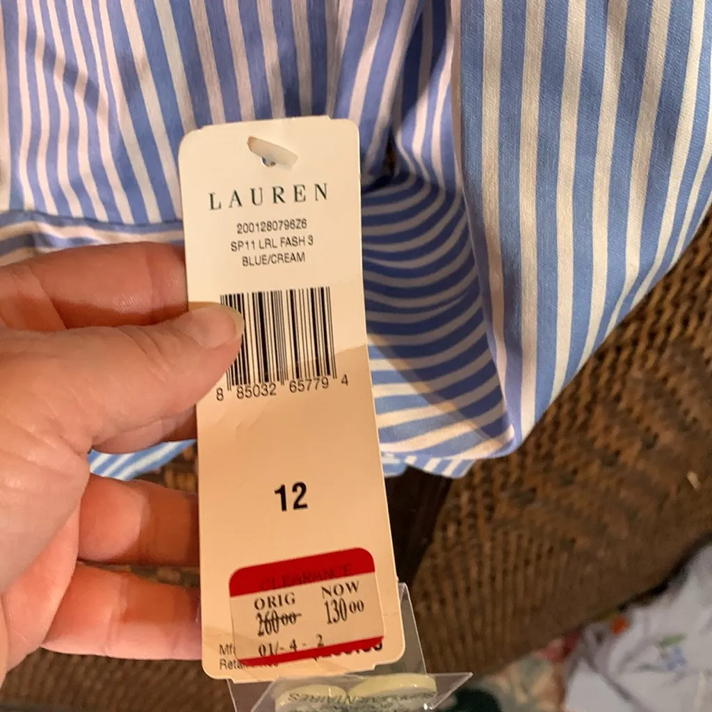 NWT Lauren Ralph Lauren Cotton and Silk Ruffle Collar Striped Blazer Size 12 Blue - Image 3