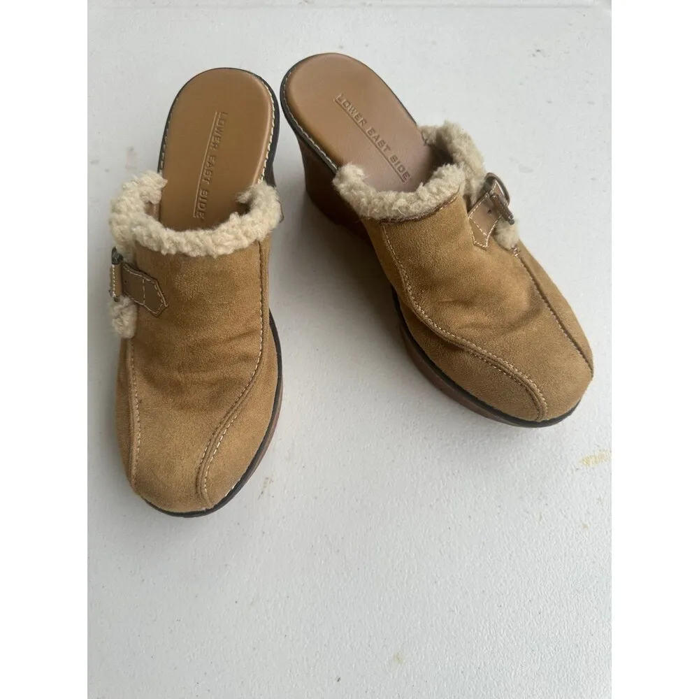 Lower East Side Women's Y2K 90s Suede Leather Sherpa Trim Wedge Mule Clogs 7.5 - Image 3